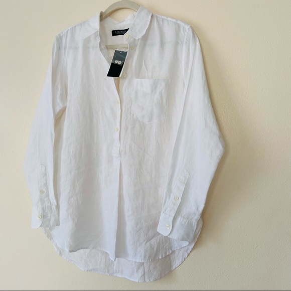 New Lauren Ralph Lauren white linen relaxed fit half button long sleeve shirt - Picture 10 of 11